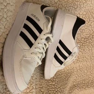 adidas white leather/black stripes shoes.  Size six.